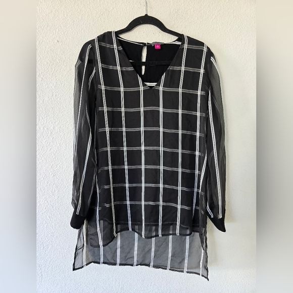 Vince Camuto Tunic Women Sz S Multi Print Mesh Sheer High Low Classy Modern - Picture 3 of 13